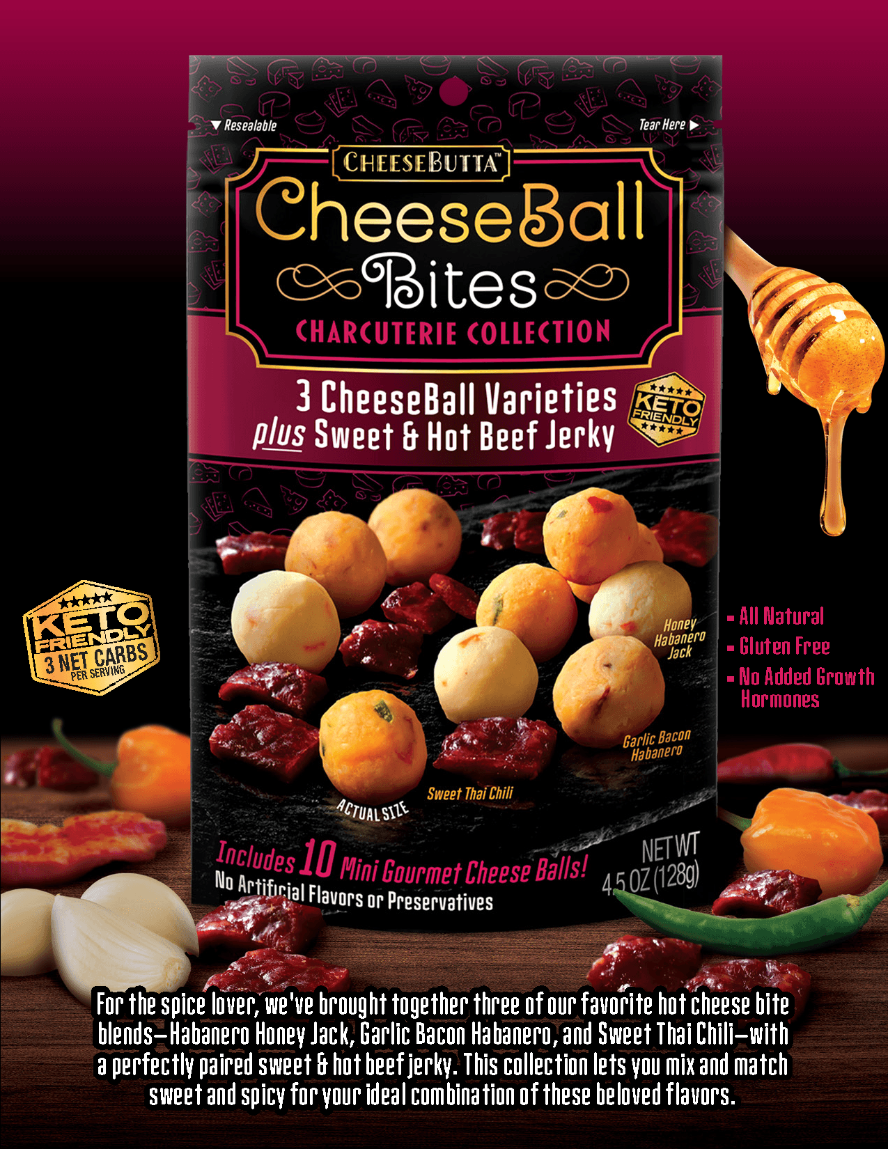 3 CheeseBall Varieties plus Sweet & Hot Beef Jerky - CheeseButta - Gourmet Products