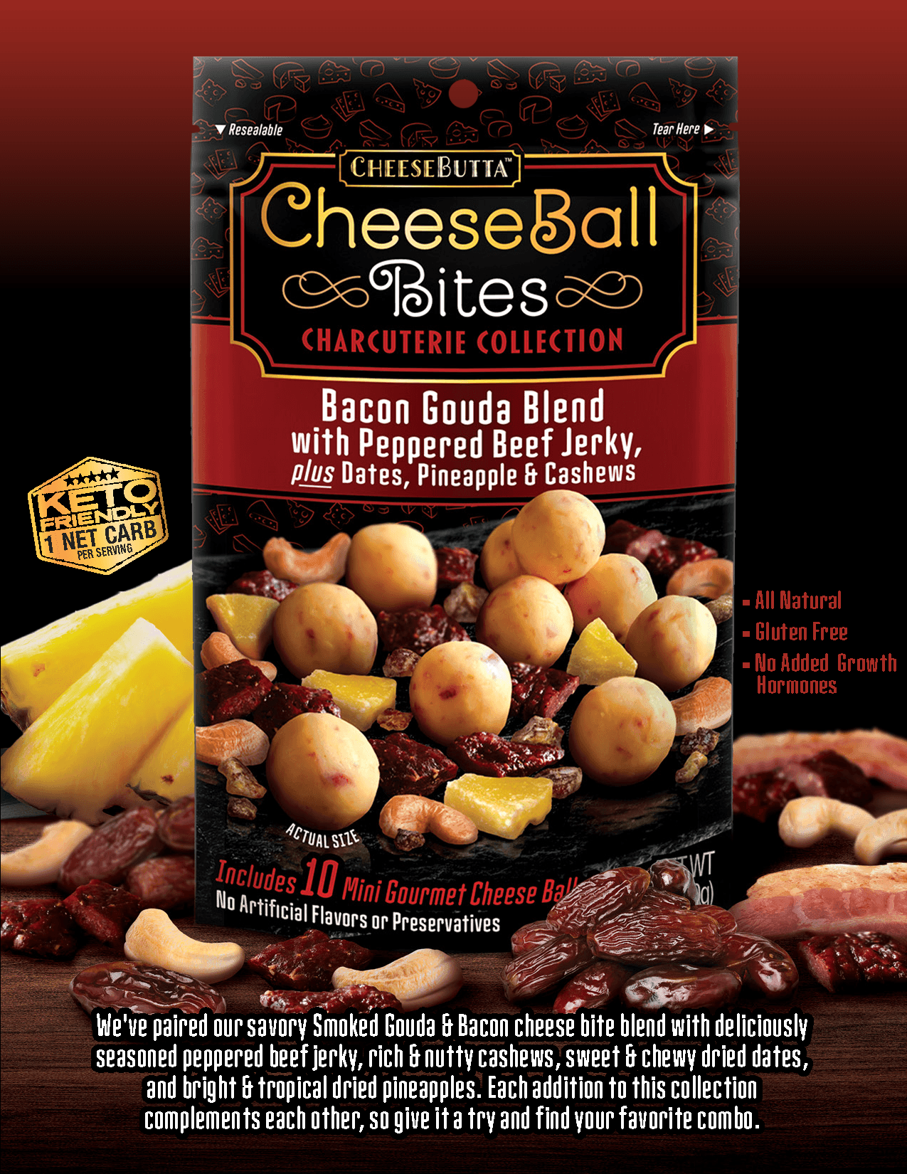 Bacon Gouda Blend with Peppered Beef Jerky, Dates, Pineapple & Cashews - CheeseButta - Gourmet Products