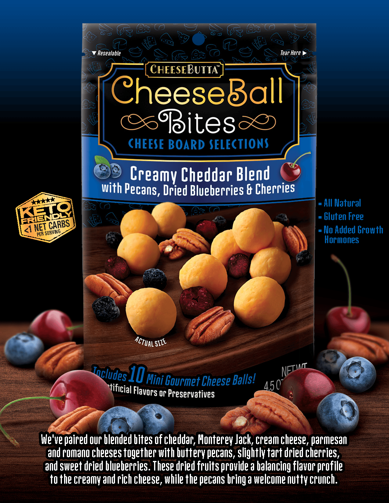 Creamy Cheddar Blend with Blueberries, Cherries & Pecans - CheeseButta - Gourmet Products